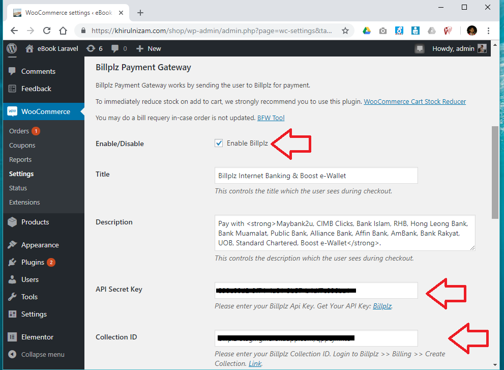 Enable BillPlz in Woocommerce - provide API Secret Key and Collection ID