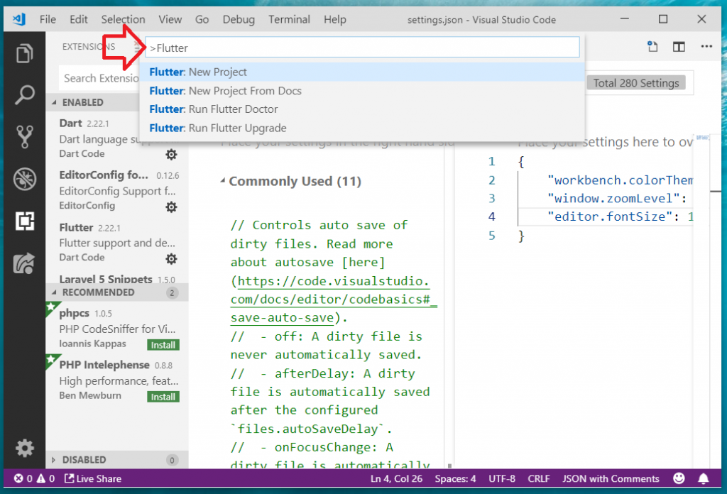 Flutter on VSCode add Flutter project thru Command Pallete