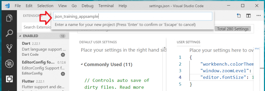Flutter on VSCode add new Flutter project name