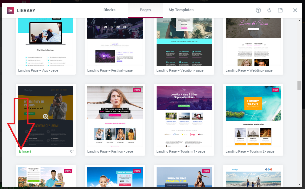 Insert Elementor template from existing library