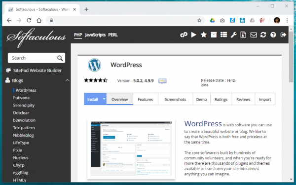 Wordpress in Softaculous