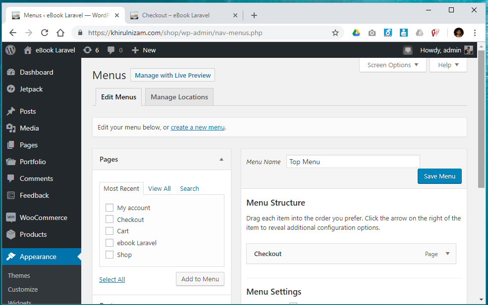 Wordpress menu settings