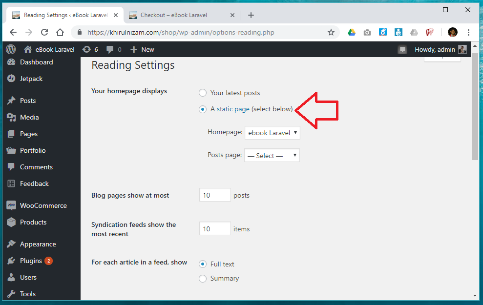 Wordpress reading settings