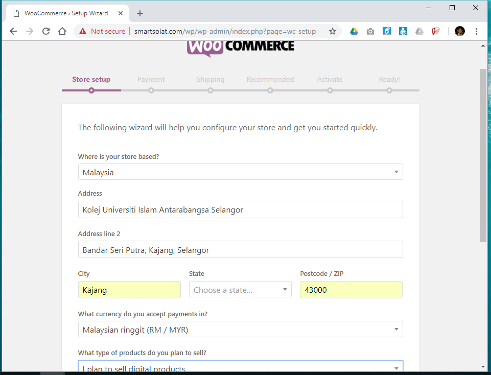 Initial setup info woocommerce shop