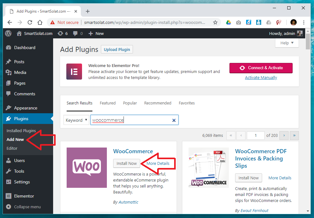 Installing plugins WooCommerce in WordPress